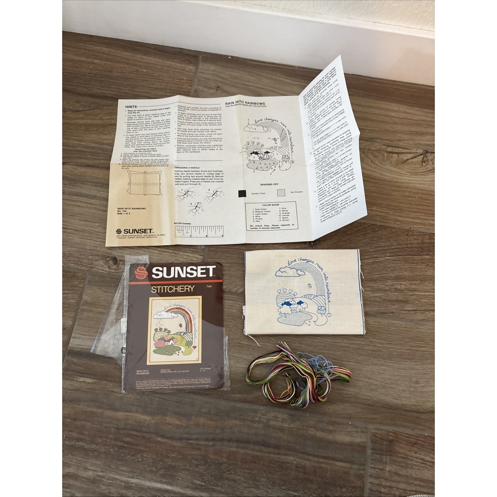 Vtg Sunset Stitchery Crewel‎ Embroidery Kit Rain Into Rainbows - Open/ Started